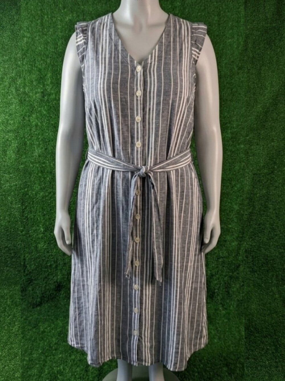Lane Bryant Plus Size 18 Blue White Striped Linen Blend Button Front Midi Dress